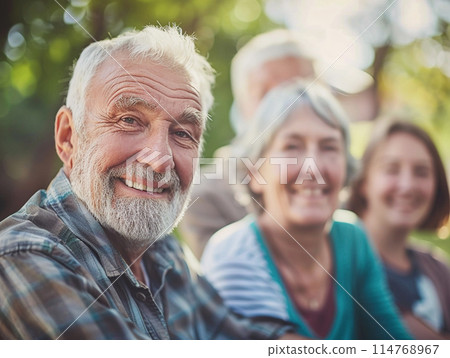 Portrait of smiling elderly man against blurred background of other people. People National Social Security Month 114768967