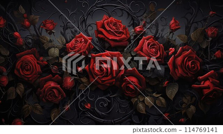 Beautiful bloody red roses in gothic style on black background. 114769141