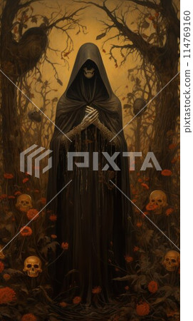 The Death. Skeleton wrapped in a black cloak with a hood folded arms among black trees and human skulls, vertical image. The Death. Skeleton wrapped in a black cloak with a hood folded arms among black trees and human skulls, vertical image. 114769160