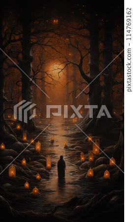 Lonely small human walks through a lost black forest and witchy lights at night under a full moon to nowhere. Lonely small human walks through a lost black forest and witchy lights at night under a full moon to nowhere. 114769162