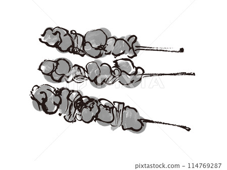手繪日式畫筆插圖三件烤雞肉串，黑白，單色，單色 114769287