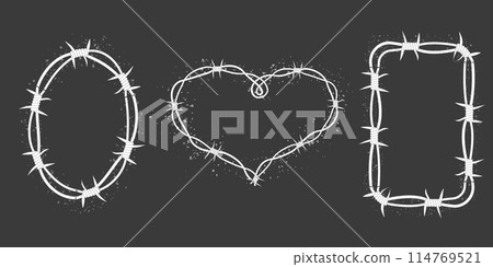 Barbed wire set twisted frames y2k, borders tattoo, gothic textured steel frame, spiky oval barrier, white silhouette isolated on dark background. Barbed wire set twisted frames y2k, borders tattoo, gothic textured steel frame, spiky oval barrier, white silhouette isolated on dark background. 114769521