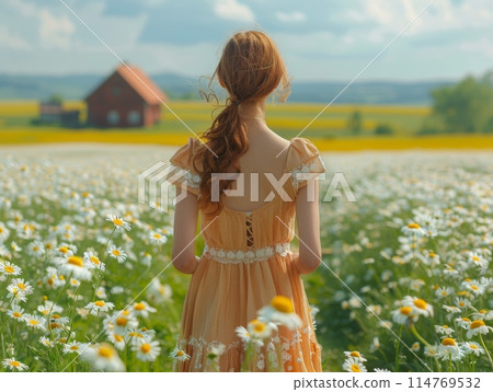 A woman in a summer dress runs through a field of daisies, laughing. 114769532