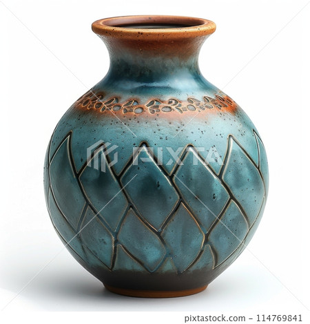 Embossed Navy Blue Ceramic Vase with Tribal Design 114769841
