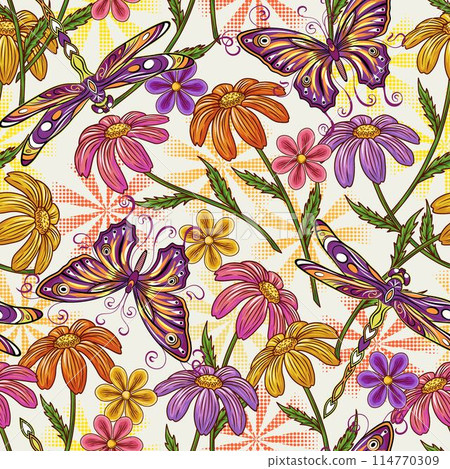 Floral pattern with chamomile flowers with stem, halftone shapes, flying butterflies, dragonfly. Peaceful, summer illustration in vintage style. Groovy, hippie, naive design 114770309