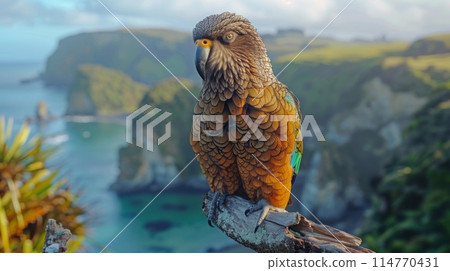 New Zealand Kea sits on a branch New Zealand Kea sits on a branch 114770431