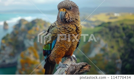 New Zealand Kea sits on a branch New Zealand Kea sits on a branch 114770434