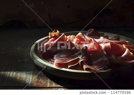 slices of serrano ham in a plate, generative AI 114770586