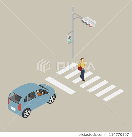 等軸圖：汽車、紅綠燈和行人穿越道 1 114770597