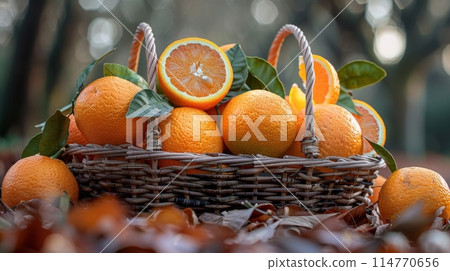 harvest of oranges in a basket in the garden. realistic photo 114770656