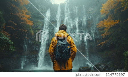 Beautiful waterfall in Iceland waterfall, a man standing under the majestic waterfall. 114770697