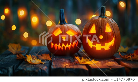 Two carved pumpkins glow warmly on a rustic wooden table, surrounded by vibrant autumn leaves. The background captures the essence of a magical fall evening with golden hues and a dreamy bokeh effect 114770970
