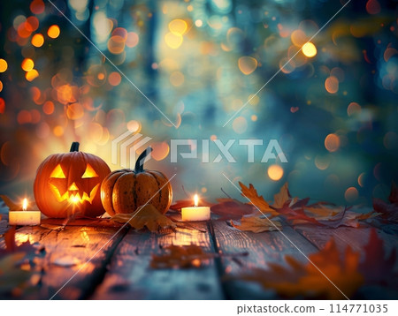 Two carved pumpkins glow warmly on a rustic wooden table, surrounded by vibrant autumn leaves. The background captures the essence of a magical fall evening with golden hues and a dreamy bokeh effect 114771035