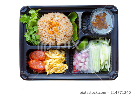 Rice Mixed with Shrimp paste in Thai food style on white background. Rice Mixed with Shrimp paste in Thai food style on white background. 114771240