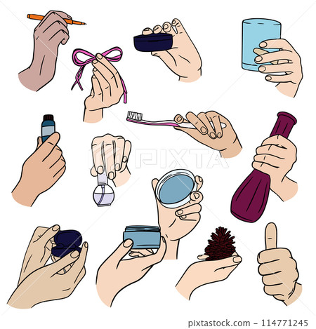 Set of Colorful Hands holding stuff. Different operations and gestures. Miscellaneous gestures, signs and symbols. Hand drawn Vector illustration EPS10. Set of Colorful Hands holding stuff. Different operations and gestures. Miscellaneous gestures, signs and symbols. Hand drawn Vector illustration EPS10. 114771245