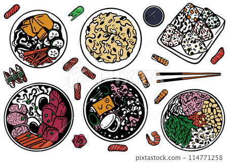 Asian Japanese food ramen set illustration. Chinese and Japanese Meal with Soup in Bowl. Hand drawn style 114771258