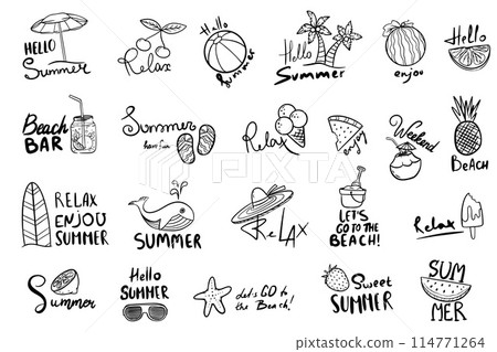 Set of cute summer icons. Summer labels, logos, hand drawn tags and elements for summer. Holiday beach elements. 114771264