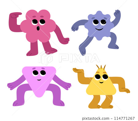 Abstract characters. Geometric comic creature emotions. Funny characters. Modern various figures. Geometry figures with eyes, hands and legs in kids style. Abstract characters. Geometric comic creature emotions. Funny characters. Modern various figures. Geometry figures with eyes, hands and legs in kids style. 114771267