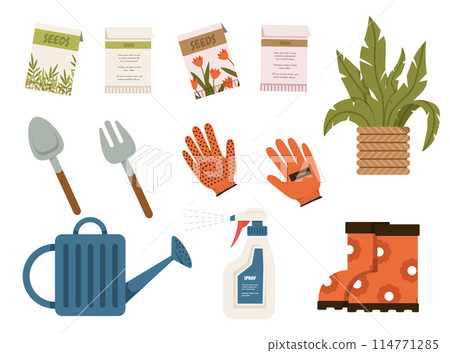 Garden furniture. Botanical garden. Concept of home gardening, flowers and plants at home and outdoor. Gardening equipment. Garden furniture. Botanical garden. Concept of home gardening, flowers and plants at home and outdoor. Gardening equipment. 114771285
