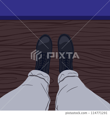 Legs selfie. Top view. Travel blogger legs selfie in shoes. Blogger lifestyle concept. Real estate vector concept, frames for social network. 114771291