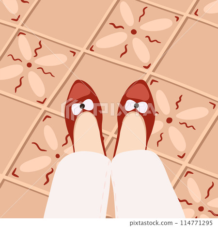 Legs selfie. Top view. Travel blogger legs selfie in shoes. Blogger lifestyle concept. Real estate vector concept, frames for social network. 114771295