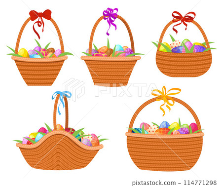 Cartoon Easter baskets with painted eggs. Easter celebration concept. Spring holiday chocolate eggs, wicker basket with painted colorful eggs. Vector illustration EPS10 114771298