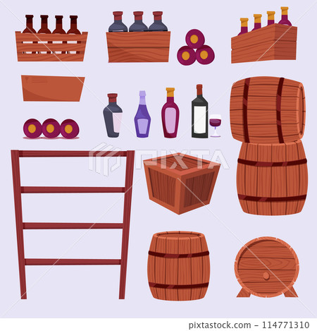 Wine cellar equipment and elements set. Barrel keg. Tank alcohol. Wine storage and drinking. Vector collection icons winemaking business. Wine cellar equipment and elements set. Barrel keg. Tank alcohol. Wine storage and drinking. Vector collection icons winemaking business. 114771310