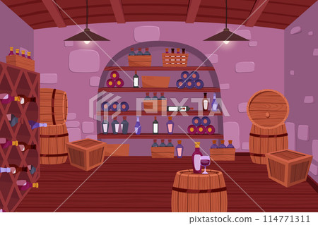 Wine cellar interior. Alcohol shelving with wine champagne barrel in castle basement. Wine shop, cellar interior with wooden barrels, shelves with glass bottles 114771311