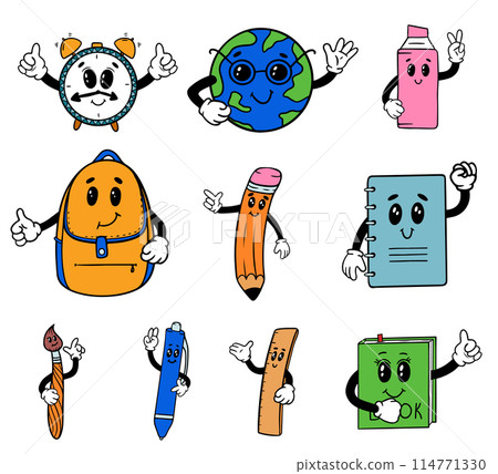 Set isolated school supplies groovy characters in gloves. Education conception. Funky cute characters. Emotional funky notebook, pen and book. School bag, marker and brush. 114771330
