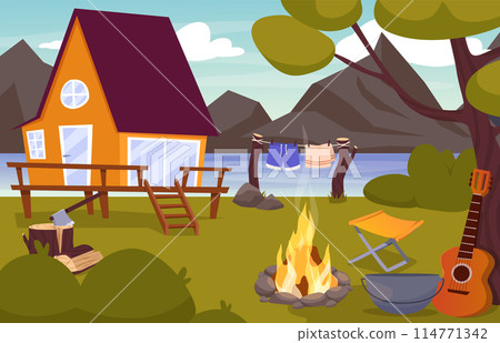 Cartoon camping. Summer nature scene with house, tent and bonfire. Family camping evening time. Tent, fire, forest and rocky mountains background 114771342