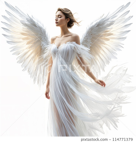 Woman with wings in white dress. 114771379