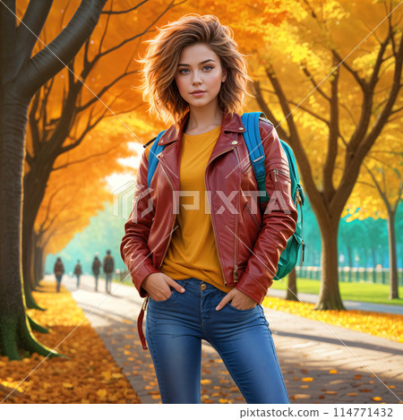 Woman with brown hair and blue jeans. Woman with brown hair and blue jeans. 114771432