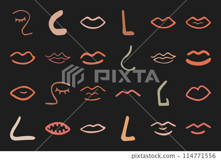 Trendy boho asymmetric eye and nose symbol set, doodle geometric amorphous face shape art, cute abstract random lips silhouette, modern organic minimal form collection, flat liquid element graphic, Trendy boho asymmetric eye and nose symbol set, doodle geometric amorphous face shape art, cute abstract random lips silhouette, modern organic minimal form collection, flat liquid element graphic, 114771556