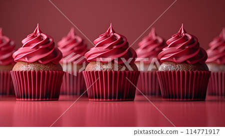 Holiday cupcakes lined row smooth frosting red monochrome colors pattern pastel colors, minimalistic 114771917