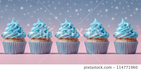 Row plain monochrome light blue frosted cupcakes simple blue background, minimalism, copy space Row plain monochrome light blue frosted cupcakes simple blue background, minimalism, copy space 114771960