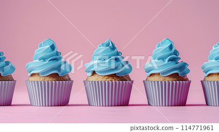 Row plain monochrome light blue frosted cupcakes simple pink background, minimalism, copy space 114771961