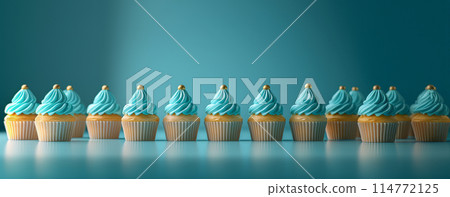 Row plain monochrome light turquoise frosted cupcakes simple blue background, minimalism, copy space Row plain monochrome light turquoise frosted cupcakes simple blue background, minimalism, copy space 114772125