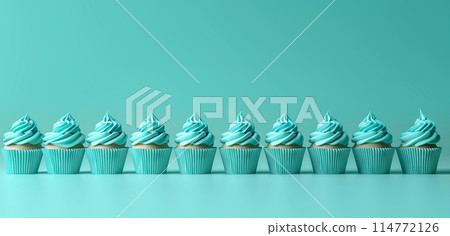 Row plain monochrome light turquoise frosted cupcakes simple blue background, minimalism, copy space 114772126