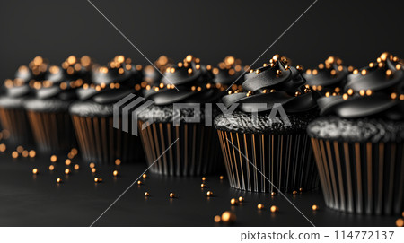 Row chocolate cupcakes with black frosting golden pearls on dark background, minimalism, copy space Row chocolate cupcakes with black frosting golden pearls on dark background, minimalism, copy space 114772137