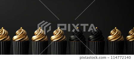 Row chocolate cupcakes with black frosting golden pearls on dark background, minimalism, copy space 114772140
