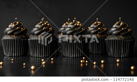 Row chocolate cupcakes with black frosting golden pearls on dark background, minimalism, copy space 114772148