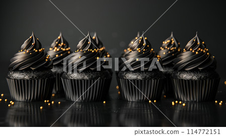 Row chocolate cupcakes with black frosting golden pearls on dark background, minimalism, copy space 114772151