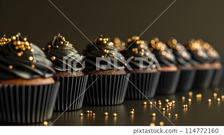 Row chocolate cupcakes with black frosting golden pearls on dark background, minimalism, copy space 114772160