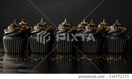 Row chocolate cupcakes with black frosting golden pearls on dark background, minimalism, copy space Row chocolate cupcakes with black frosting golden pearls on dark background, minimalism, copy space 114772173