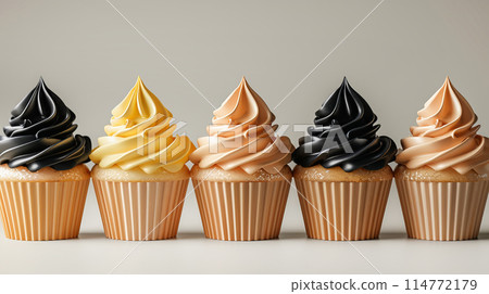 Row chocolate cupcakes with black frosting golden pearls on dark background, minimalism, copy space 114772179