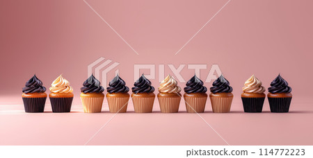 Row chocolate cupcakes with black frosting golden pearls light background, minimalism, copy space 114772223