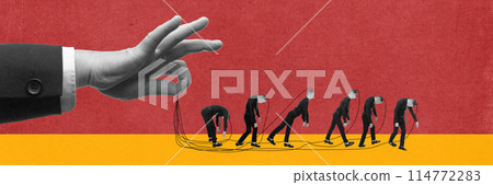 Manipulative influence. Hand holding people in strings. Direct control and manipulation of individuals by higher powers. Contemporary art collage. 114772283