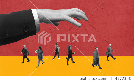 Gina hands in business suit holding string connecting to people, showcasing manipulation, pressure and control of society. Contemporary art collage. 114772308
