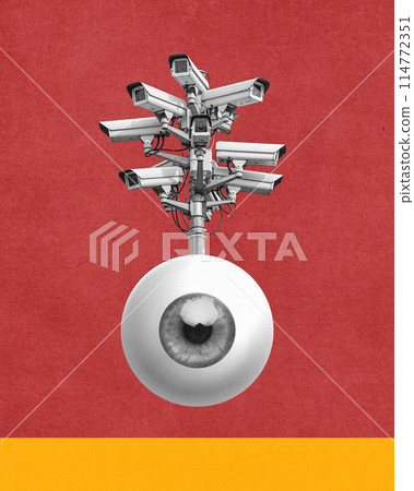 All-seeing eye. Surveillance cameras pointing in different directions, centered around watchful eye. Intention to monitor and manipulate public. Contemporary art collage. All-seeing eye. Surveillance cameras pointing in different directions, centered around watchful eye. Intention to monitor and manipulate public. Contemporary art collage. 114772351