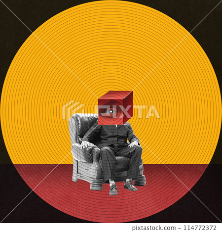 Watchful Eye of Media. Faceless man sitting on armchair with multi-layered eye cube instead head. Journalism influence. Contemporary art collage. Watchful Eye of Media. Faceless man sitting on armchair with multi-layered eye cube instead head. Journalism influence. Contemporary art collage. 114772372